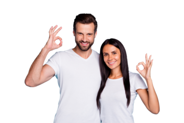 Close up photo of cute pair showing okey symbols wear casual outfit isolated blue background