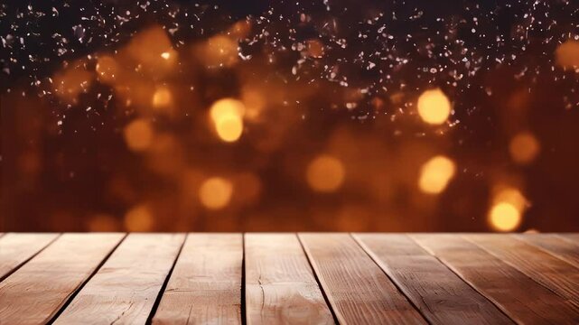 wooden table, golden particles on the background, bokeh, empty wooden flooring platform with motion falling bokeh lights blurred background, space for text