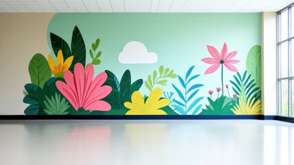 A classroom with a large wall mural depicting a vibrant rainforest ecosystem, illustrating different animal and plant species.