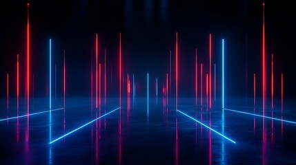 Futuristic neon lights creating a vibrant digital landscape with blue and red hues, perfect for tech-themed designs.
