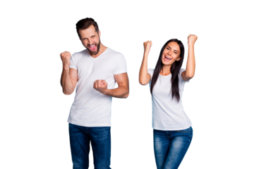 Photo of overjoyed pair celebrating lottery winning wear casual outfit isolated blue background