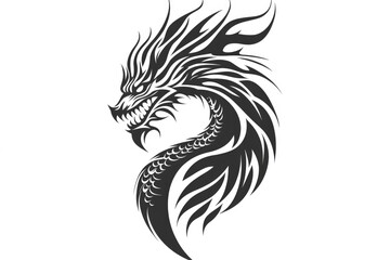 Fototapeta premium Stunning monochrome 2D cartoon tribal tattoo design featuring a stylized black dragon head set against a white background