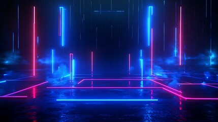 Futuristic neon lights creating an abstract digital environment with glowing lines and mist.