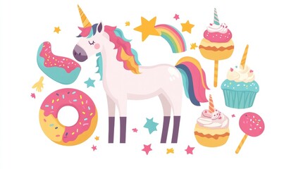 Obraz premium Fantasy illustration featuring a unicorn donuts cakes ice cream and a rainbow designed in a flat style against a white background