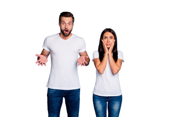Fototapeta premium Photo of sorry pair in stupor wear casual outfit isolated blue background