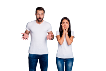 Photo of sorry pair in stupor wear casual outfit isolated blue background