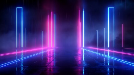 Futuristic neon lights forming a pathway in a dark, misty environment, creating a vibrant and surreal atmosphere.