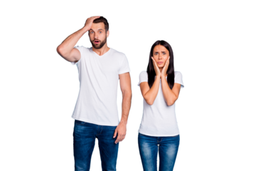 Photo of sorry pair made big mistake wear casual outfit isolated blue background