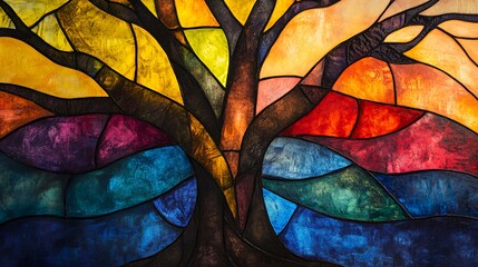 Abstract stained glass window with a tree and colorful shapes.