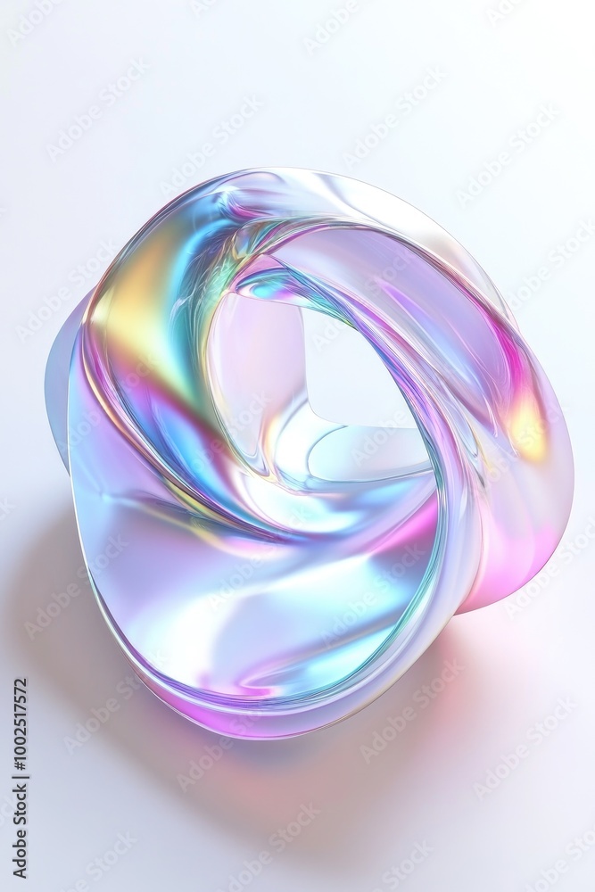 Poster holographic 3d shape with a metallic iridescent surface on a white background features a color gradi