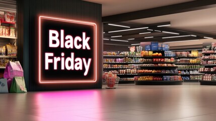 Capture the excitement of Black Friday sales with glowing neon text on a smoky black and purple backdrop in stunning 3D art