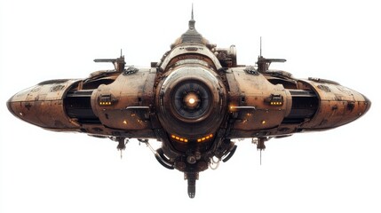 A rear view 3D illustration of a flying steampunk spaceship against a white background
