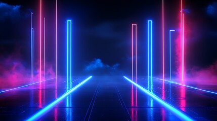 Futuristic neon lights illuminating a dark landscape with mist for a sci-fi aesthetic.