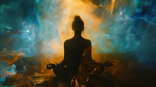 Silhouette of a person meditating on the beach, watching the sea at night with a colorful glowing galaxy in the sky