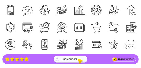 Loyalty star, Mobile finance and Increasing percent line icons for web app. Pack of Report timer, Checklist, Rise price pictogram icons. Accounting, Delivery discount, Online market signs. Vector