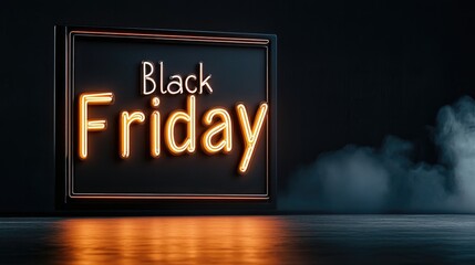 Glowing orange and purple neon Black Friday sign surrounded by smoke in a dark atmosphere for a festive shopping event