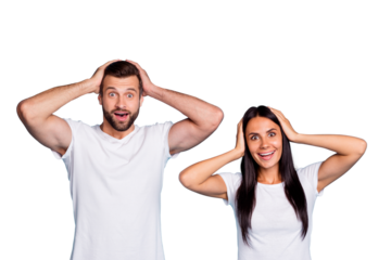 Photo of excited pair not believe successful happening wear casual outfit isolated blue background