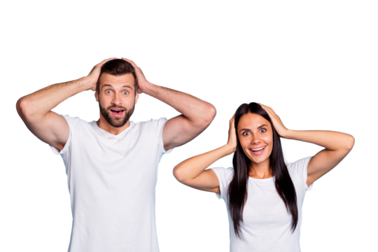 Photo of excited pair not believe successful happening wear casual outfit isolated blue background