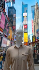 Obraz premium A mannequin standing in a vibrant city street, where every element of the surroundings and the mannequin is clear and in focus