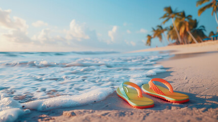 Colorful Flip-Flops in Sunset Waves on the Beach