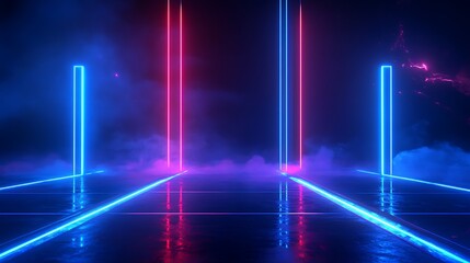 Fototapeta premium Futuristic neon lights in blue and pink illuminating a reflective floor with fog, creating a vibrant and immersive atmosphere.