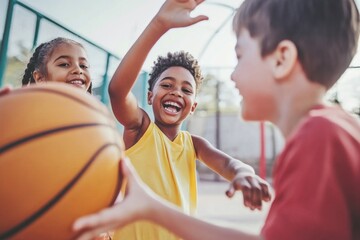 Happy children playing basketball having fun together