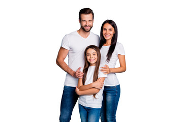 Obraz premium Portrait of lovely family looking with toothy smile wearing white t-shirt denim jeans isolated over blue background