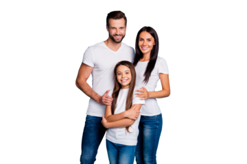 Portrait of lovely family looking with toothy smile wearing white t-shirt denim jeans isolated over blue background
