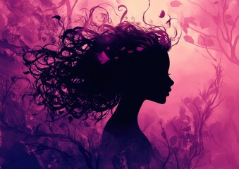 Fototapeta premium Fantasy girl silhouette showcasing stylish hair fashion in an enchanting backdrop