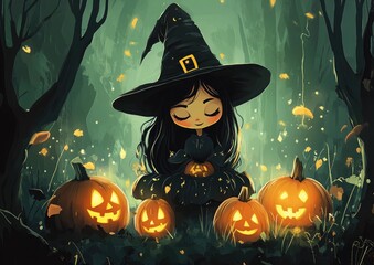 Fantasy Halloween witch in a 2D cartoon style featuring a whimsical witch character depicted in an enchanting illustration