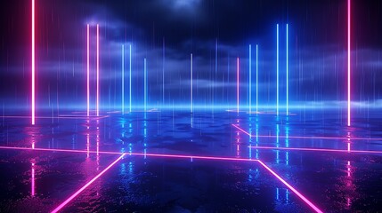 Fototapeta premium Futuristic neon lights reflect on a glossy surface under a misty atmosphere, creating a vibrant, ethereal space.