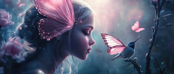 A fairy with pink butterfly wings gazes at a bird and another pink butterfly