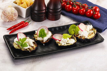 Grilled eggplant with cheese and radish