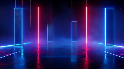 Fototapeta premium Futuristic neon lights with colorful reflections on wet surface in dark ambiance.