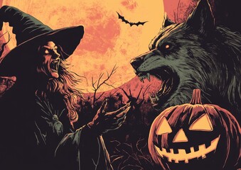 Spooky Halloween Party Invitation Featuring a Witch Werewolf and Jack o Lantern