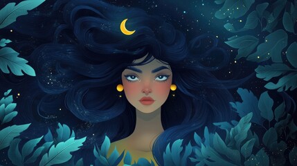 Mysterious woman with moon accents in her hair depicted in a whimsical 2D cartoon illustration with a bohemian flair