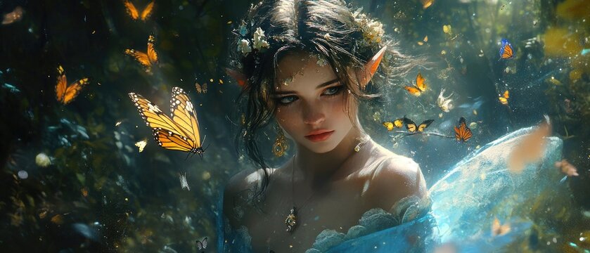 Portrait of a beautiful female elf in a blue gown surrounded by a flurry of butterflies in a lush forest setting