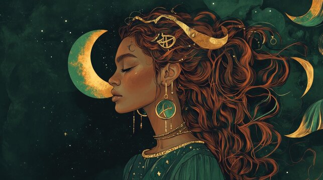 Mysterious woman with moon accents in her hair depicted in a whimsical 2D cartoon illustration with a bohemian flair