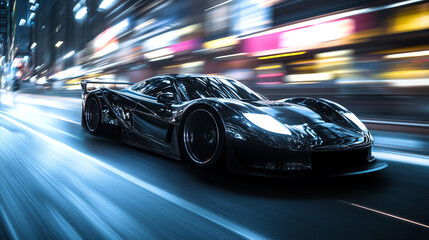 Obraz premium Black sports car, trimmed in silver, racing through a blurred dark city, capturing its futuristic speed-4