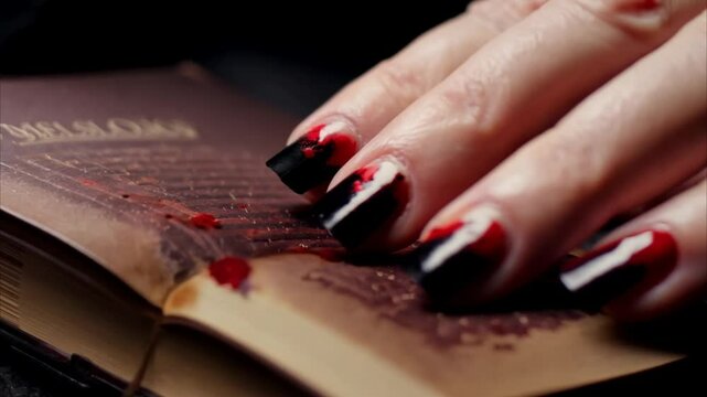 Horizontal Halloween video, black manicure with red blood, gel polish, dip powder