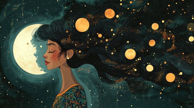 Mysterious woman with moon accents in her hair depicted in a whimsical 2D cartoon illustration with a bohemian flair