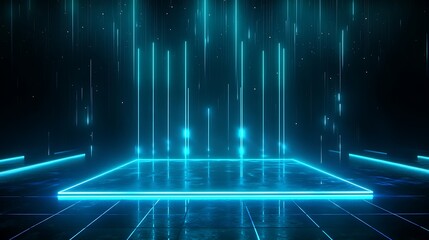 Futuristic neon stage with glowing lines and light beams, ideal for digital presentations and creative projects.