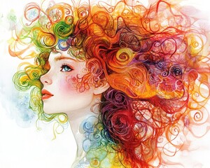 Vibrant hues of creativity illustrated in her hair Watercolor artwork with a whimsical touch