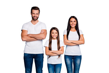 Fototapeta premium Portrait of smart people crossing their hands wearing white t-shirt denim jeans isolated over blue background