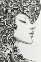 Art Nouveau inspired woman s face featuring intricate flowing hair in a distinctive style