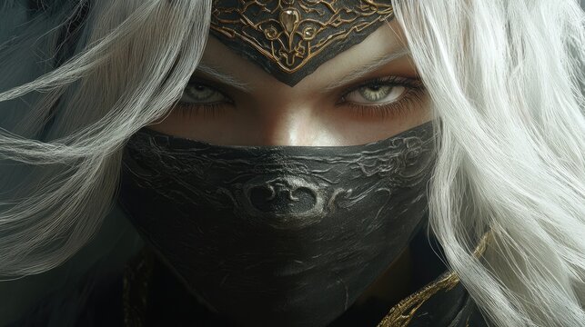 Portrait of a mysterious masked female assassin featuring long flowing white hair and a dagger 3D rendering Fantasy illustration