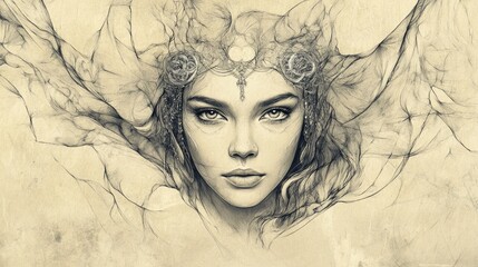 Mystical woman adorned with facial ornaments pencil sketch on vintage paper featuring a color effect