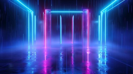 Fototapeta premium Futuristic neon-lit corridor with glowing lights and misty atmosphere, creating a mesmerizing visual experience.
