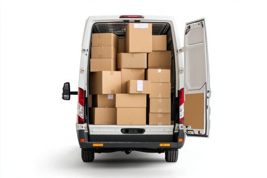 White delivery van filled with cardboard boxes on white background