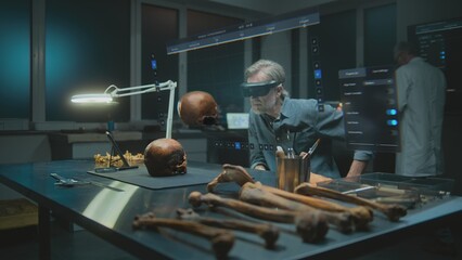 Advanced archaeological lab: Archaeologist in VR headset conducts historical research in augmented reality using fossil skull. 3D graphics of holographic display with AI assistant and web browser. VFX
